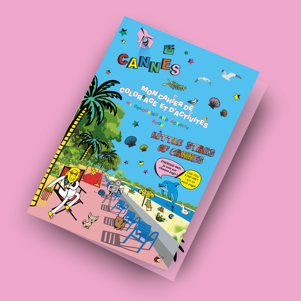 Couverture du cahier des coloriages et d'activités centré sur Cannes, on y voit plusieurs illustrations colorées avec un paysage Cannois et un Orang-outan habillé comme une star de cinéma