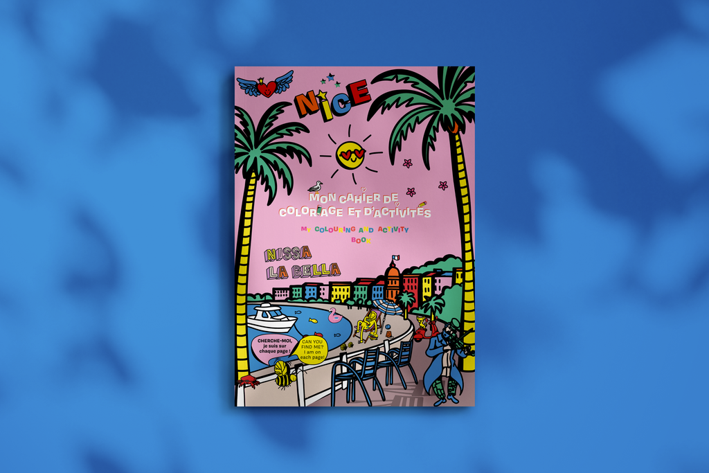 Couverture du cahier des coloriages et d'activités centré sur Nice, on y voit plusieurs illustrations colorées avec un paysage Niçois et un Orang-outan qui bronze sur un transat
