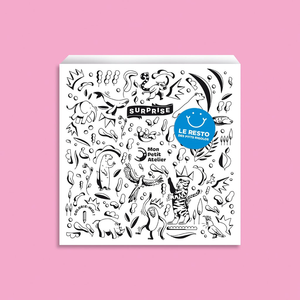 aperçu de l'emballage externe d'une pochette surprise version premium sur la biodiversité, couverte de dessins noirs et blancs avec des animaux rigolos