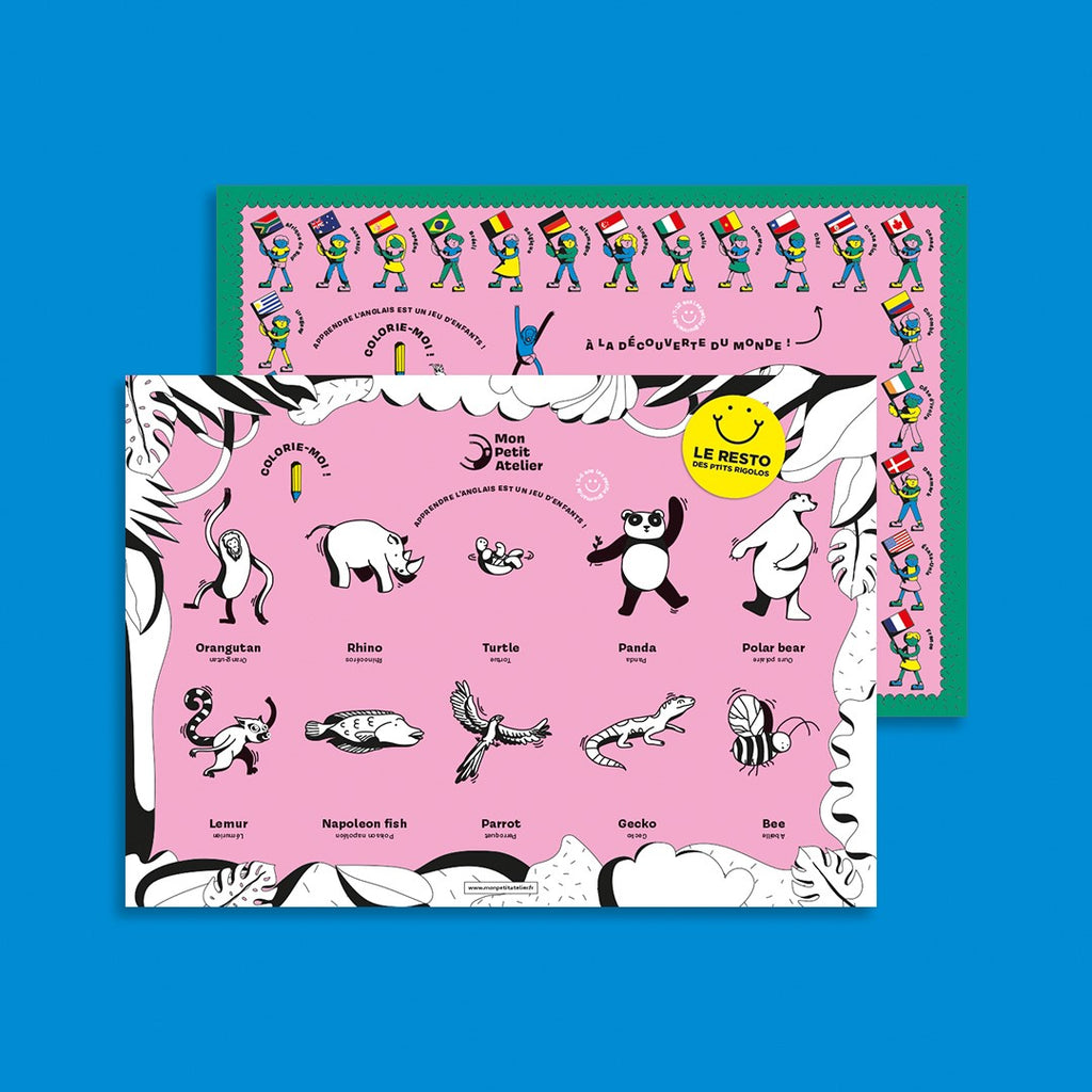 Deux sets des tables en papier, un avec des animaux à colorier, l'autre avec une découverte du monde et des moyens de dire bonjour
