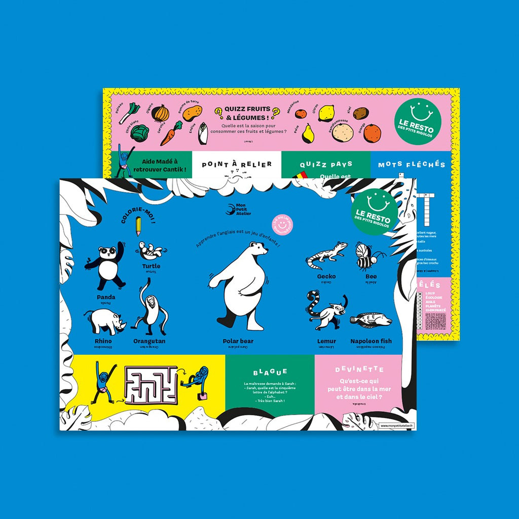 Deux set de tables éducatifs avec des animaux , des coloriages, des jeux éducatifs